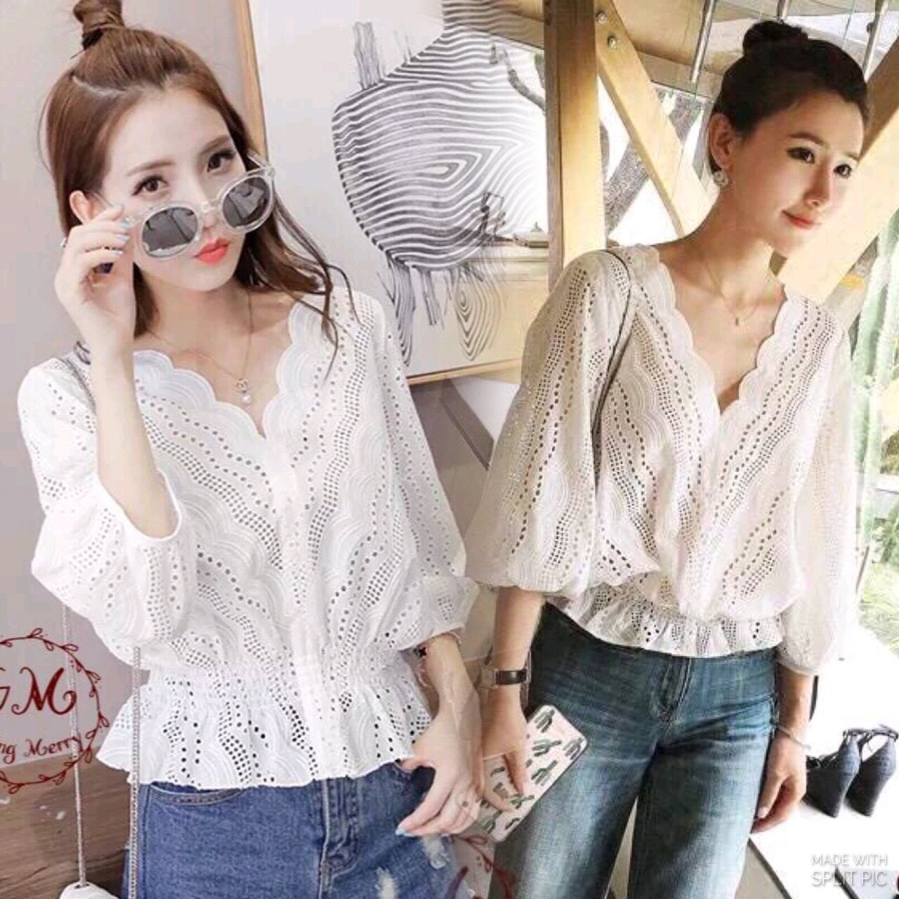 เสื้อผ้าป่าน คอวี งานฉลุทั้งตัว จั๊มเอวและปลายแขน งานสไตล์เกาหลี แมทได้หลายสไตล์ค่ะ ใส่ไปชิวๆ เก๋ๆ รับลมร้อนกันค่ะ