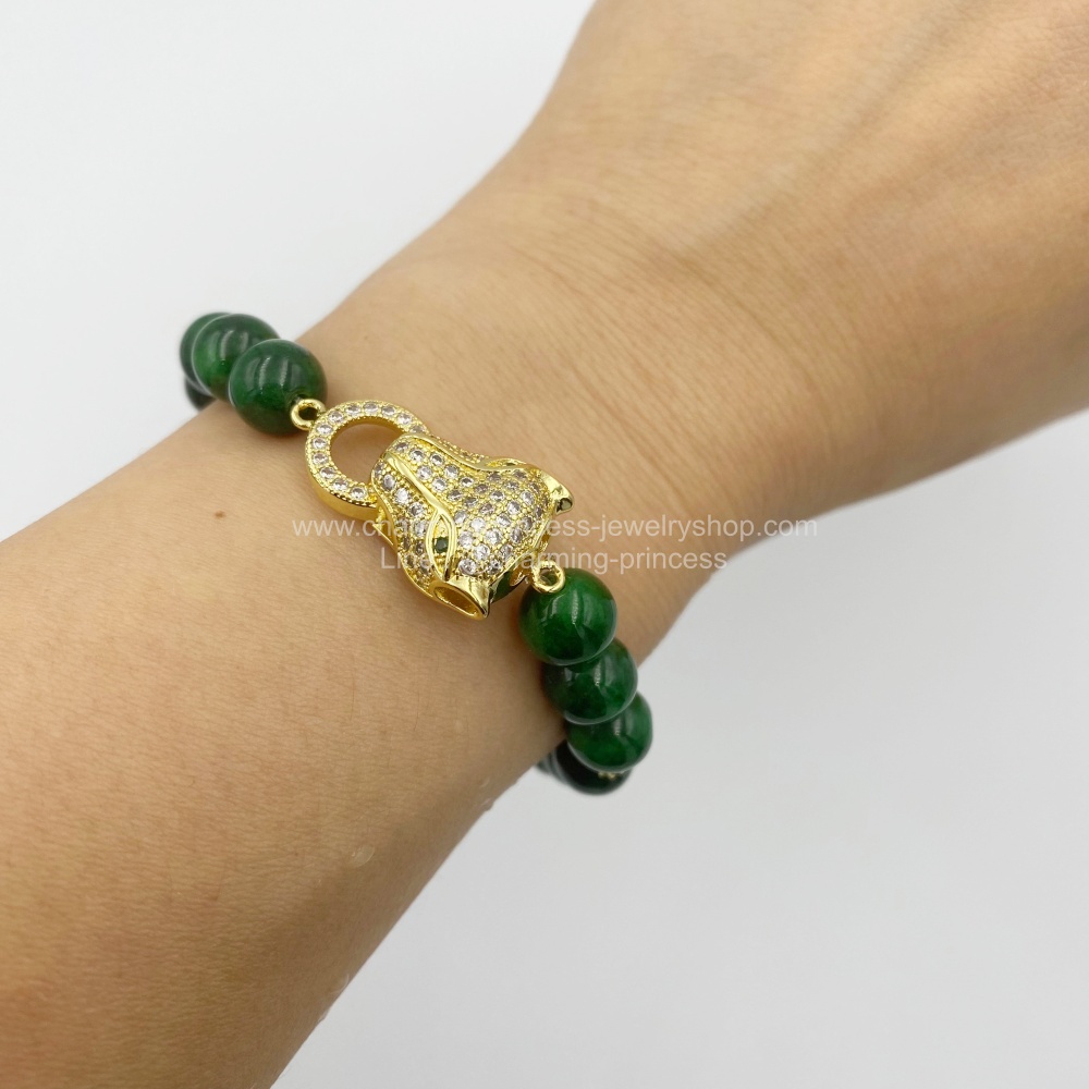 หินนําโชคประจําวันเกิดวันพุธ Wednesday Birthstone หยกจักรพรรดิ 8 มม ประดับเสือฝัง CZ หรูหรา