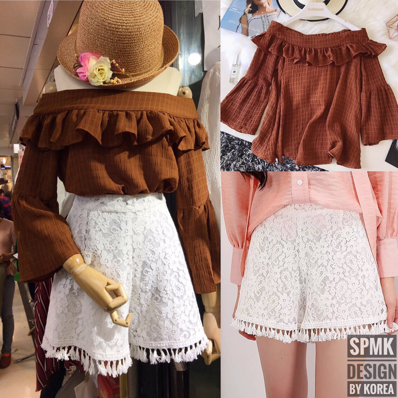 BRAND: SPMK เสื้อเกาหลีทรงน่ารัก เปิดไหล่คอระบาย เนื้อผ้าพริ้วใส่สบายไม่อึดอัด มีลายในตัว ช่วงไหล่ขยายได้ด้านหลังจับสม๊อก ผ้าดี เนื้อนุ่ม