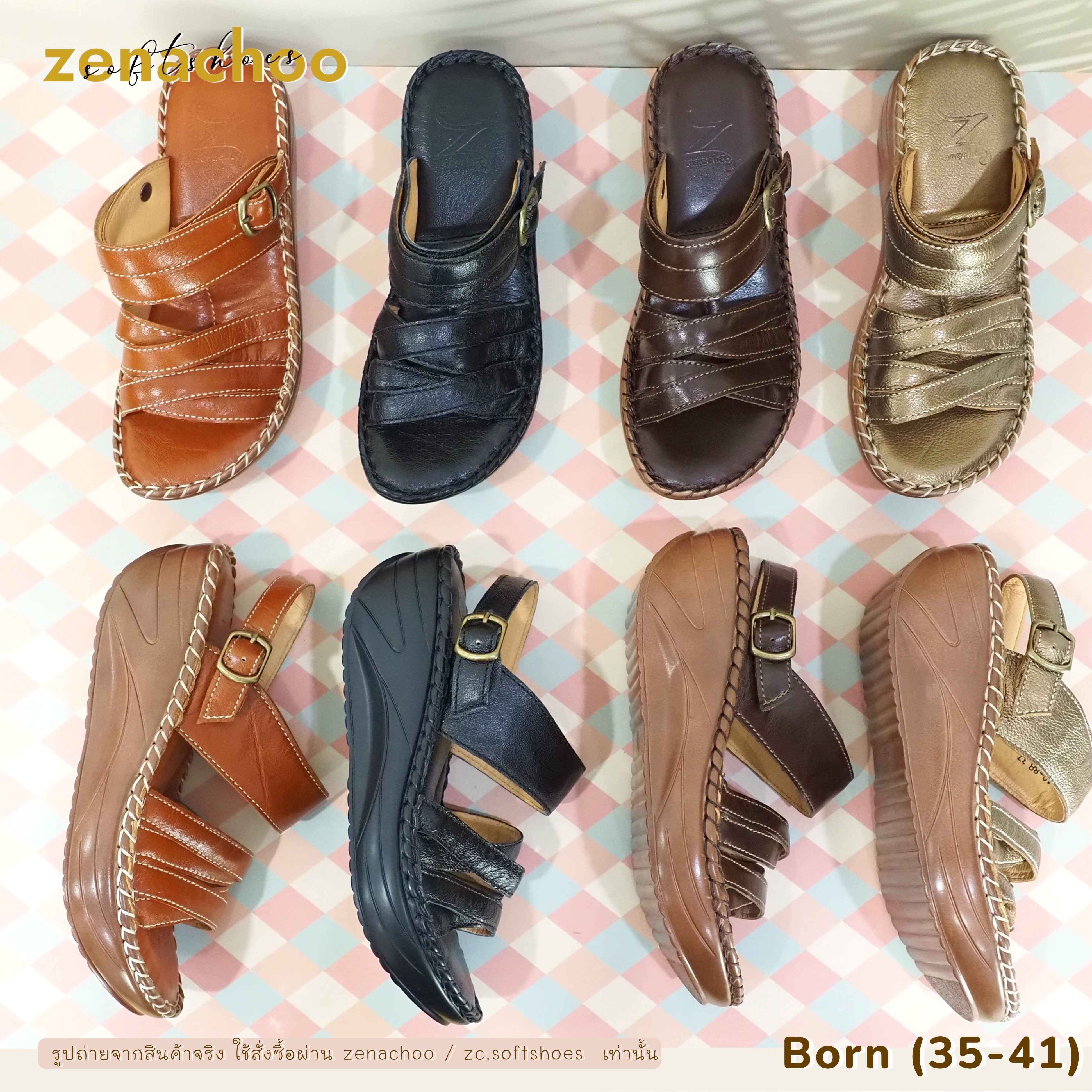 ทรงปกติ เปลี่ยนไซส์ได้-ไม่รับคืน Zenachoo รองเท้าสุขภาพ หนังแท้ทั้งคู่ รุ่น Born สูง 2 นิ้ว ปรับสายได้ รับประกันความนุ่มสบาย