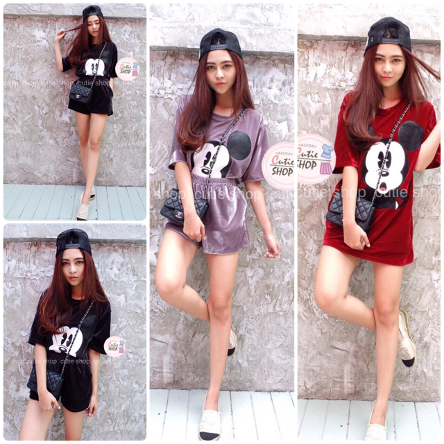 เซ็ตขาสั้นกำมะหยี่หนาอย่างดี สกรีนมิกกี้เม้าส์