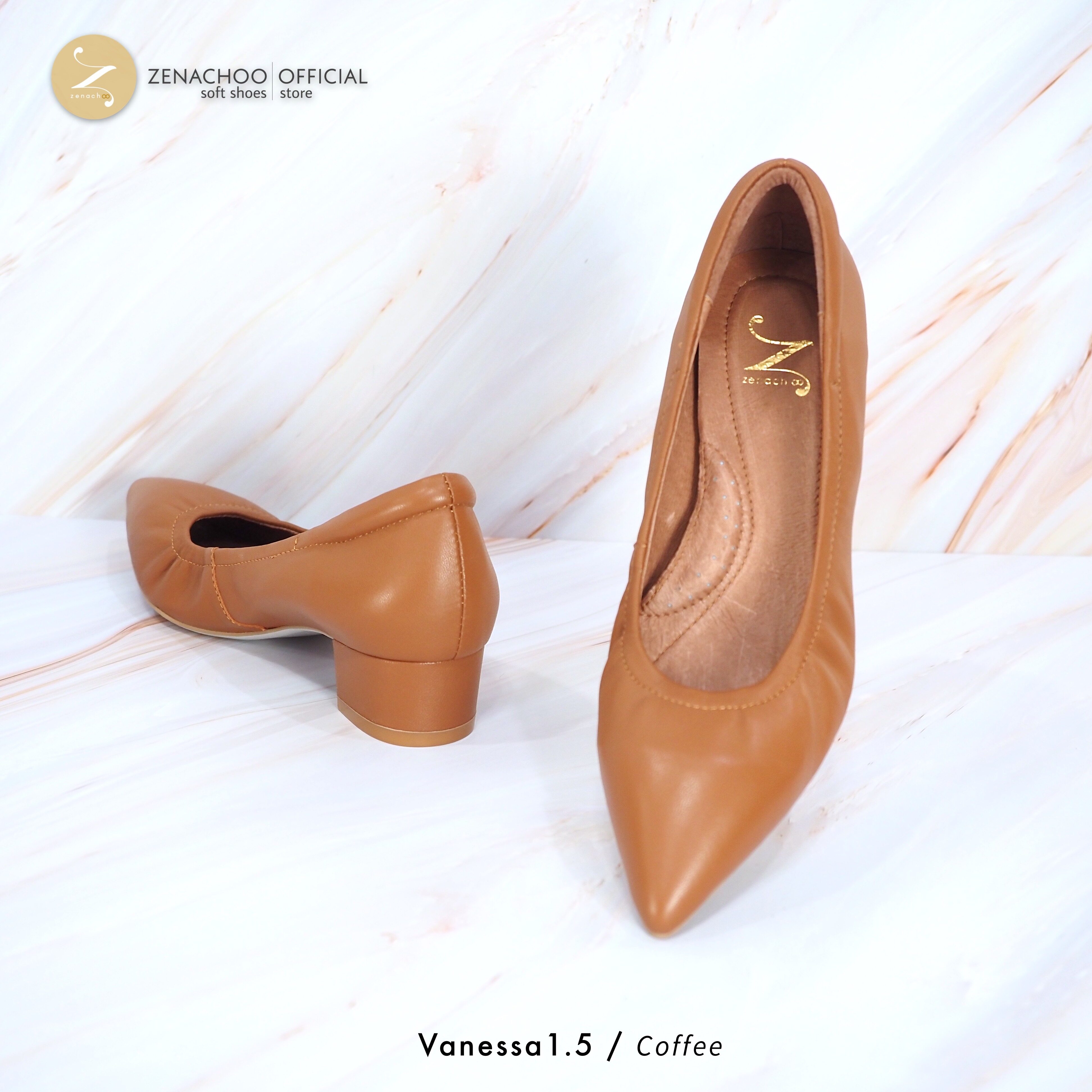ทรงใหญ่ลด 1 ไซส์ เปลี่ยนไซส์ได้ ไม่รับคืน Zenachoo รุ่น Vanessa1.5 สูง 1 นิ้วครึ่ง รองเท้าหนังแกะแท้หัวแหลม พื้นนุ่ม