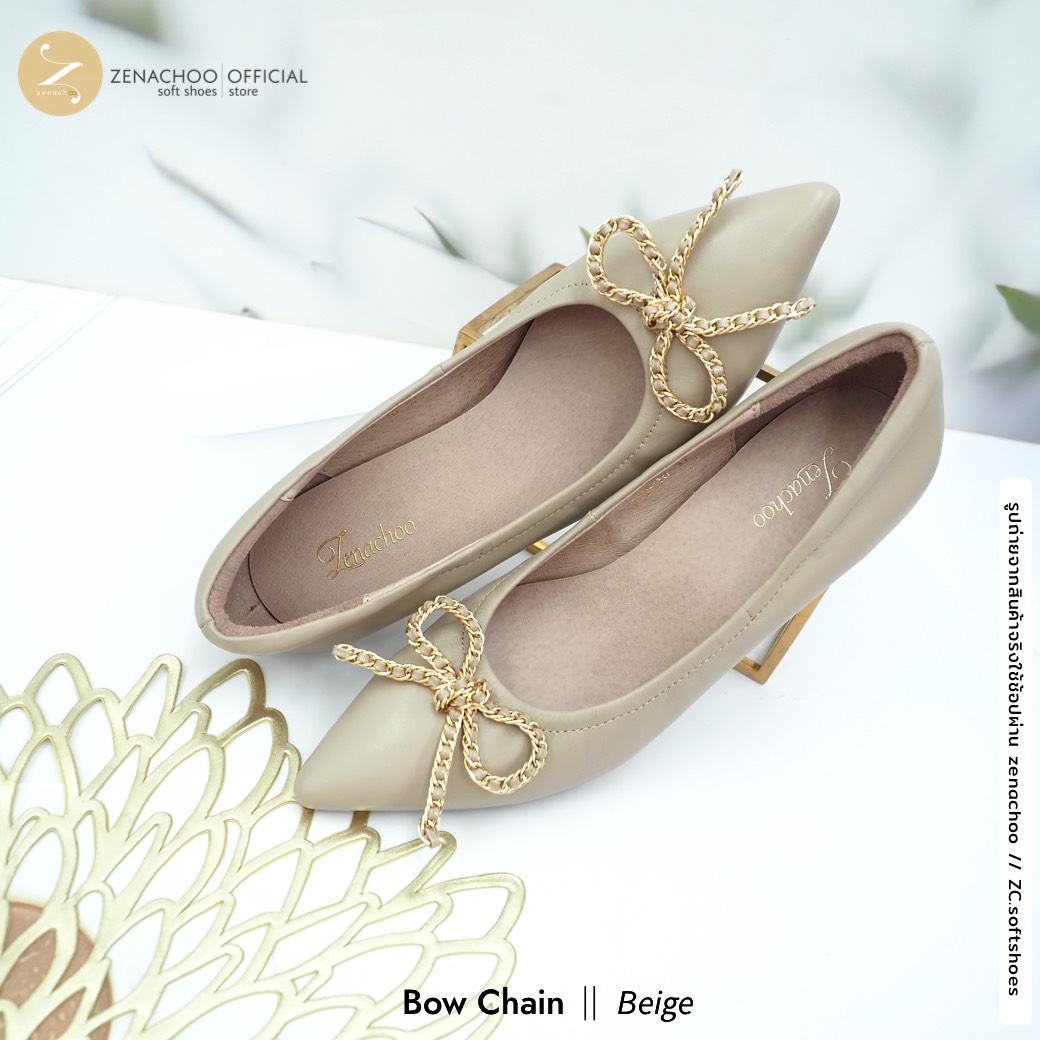 ทรงปกติ เปลี่ยนไซส์ได้-ไม่รับคืน ทรงที่ขายดีที่สุด Zenachoo รุ่น Bow Chain สูง 2 นิ้ว รองเท้าหนังแกะแท้ หนังนิ่ม พื้นนุ่ม