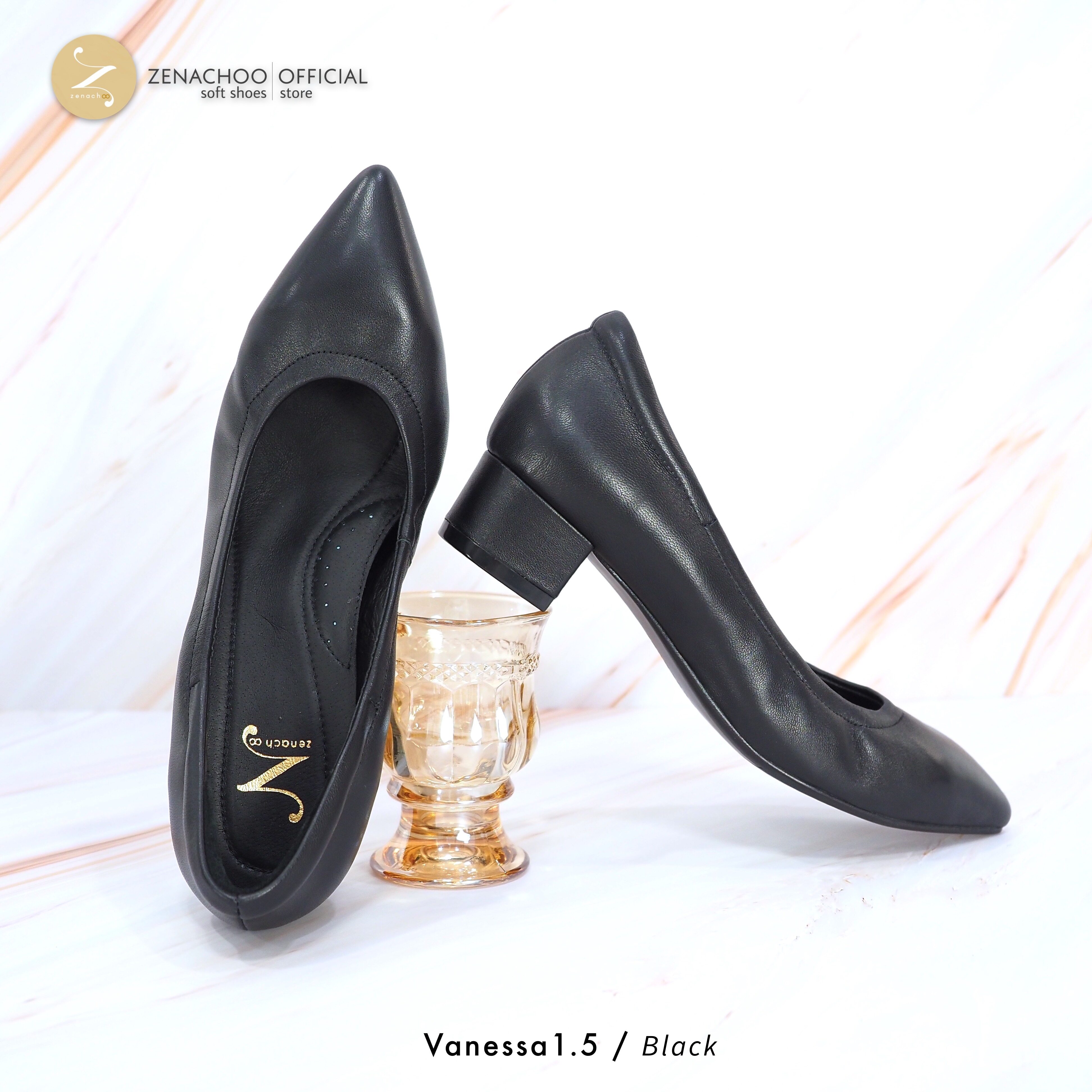 ทรงใหญ่ลด 1 ไซส์ เปลี่ยนไซส์ได้ ไม่รับคืน Zenachoo รุ่น Vanessa1.5 สูง 1 นิ้วครึ่ง รองเท้าหนังแกะแท้หัวแหลม พื้นนุ่ม