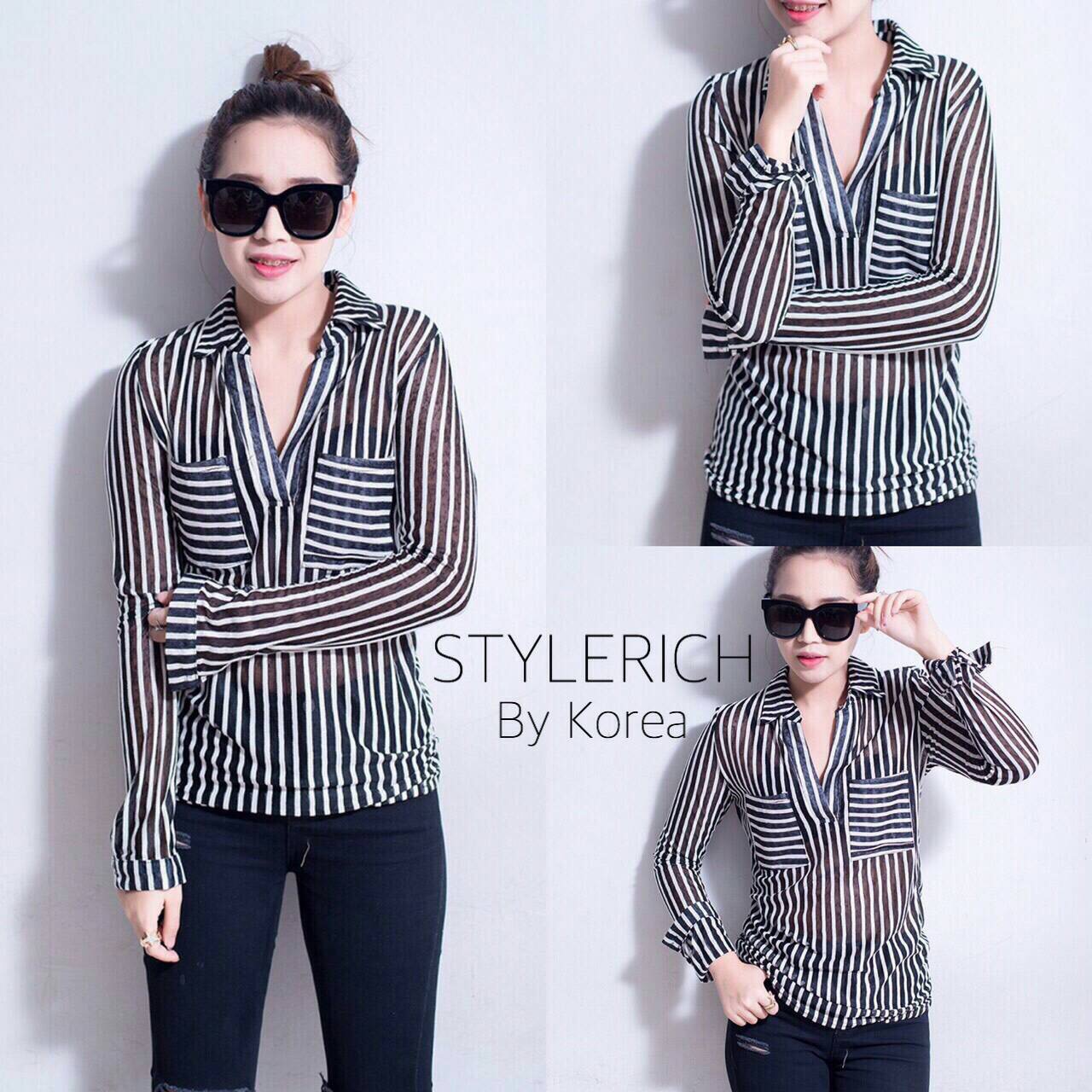 เสื้อเชิ้ตริ้วคอวี ลายทางสลับขาวดำ คอปก แต่งกระเป๋า2ข้าง ผ้าเนื้อดี งานนำเข้า ยืดหยุ่นได้ ใส่สบายมั่กๆๆค่าาา