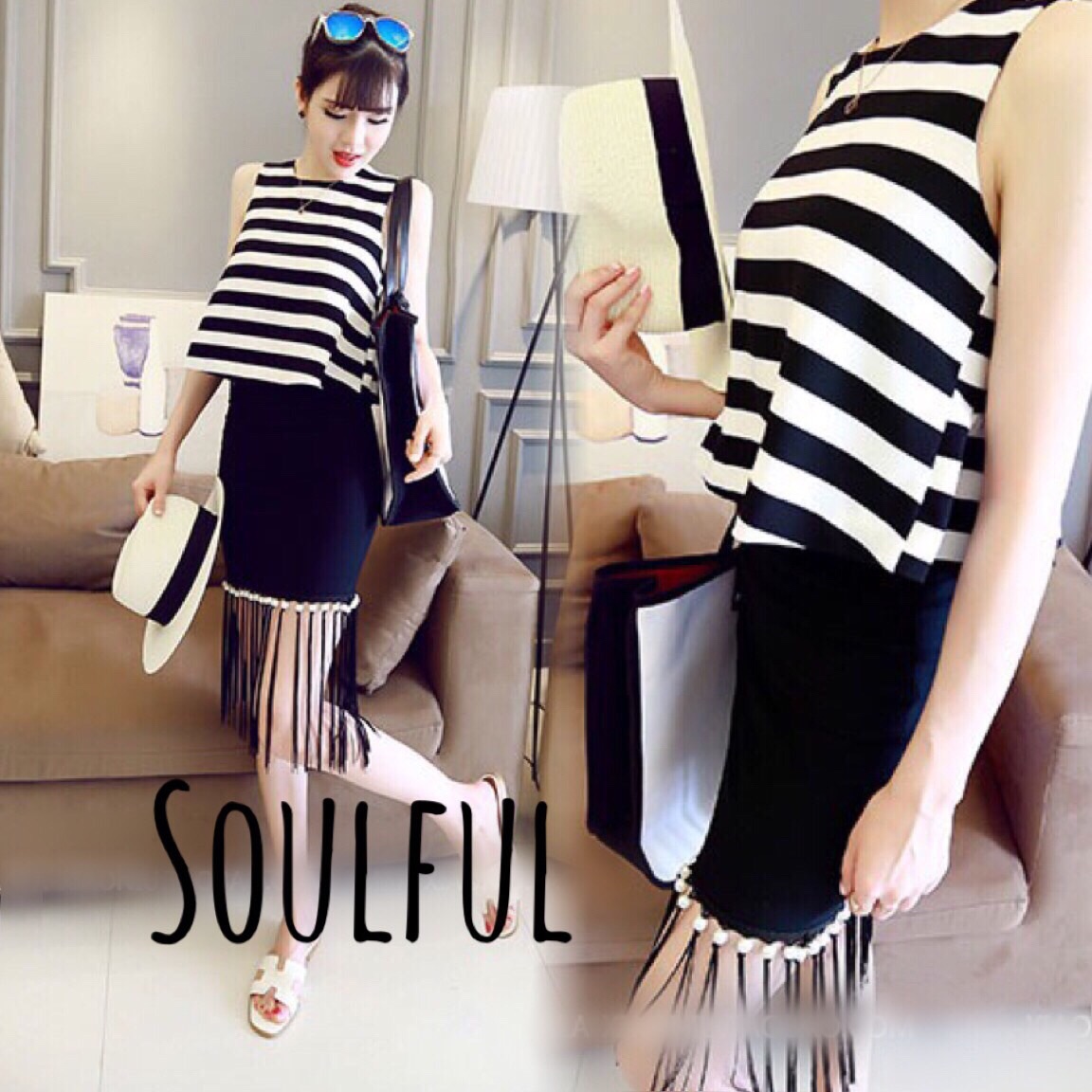 เซตเสื้อแขนกุดลายริ้ว ผ้าเครป ชายระบายด้านหลัง มาคู่กับกระโปรงทรงสอบปักมุกติดพู่