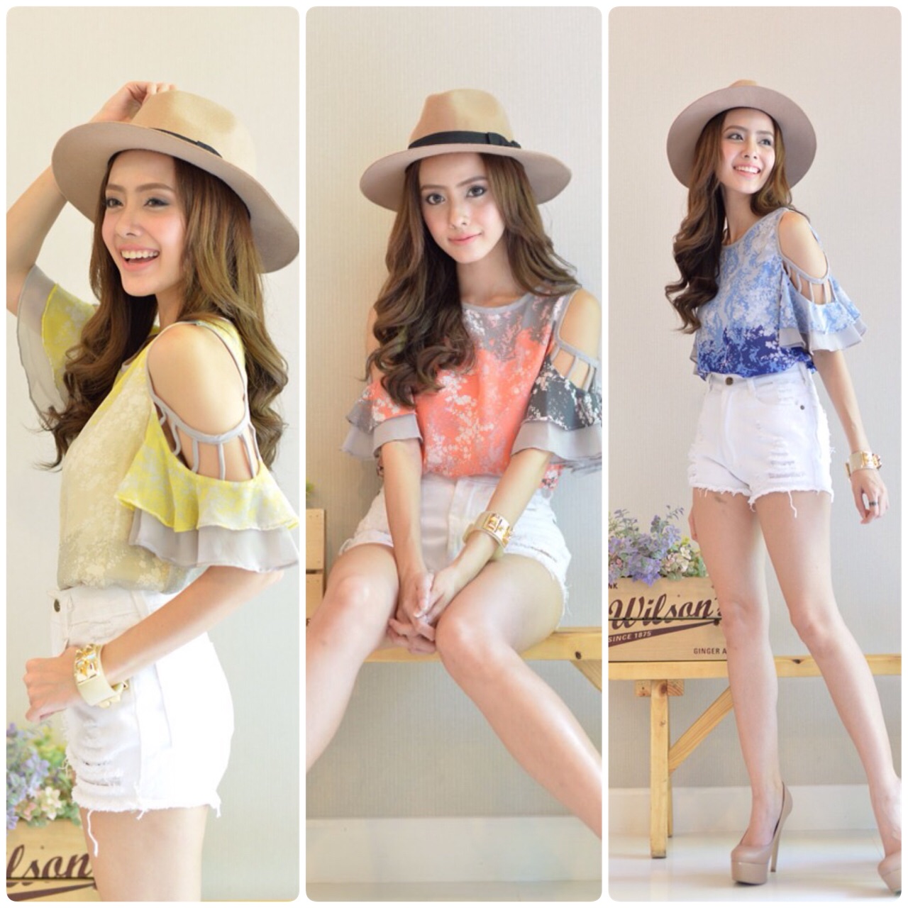 New Collection กลับมาอีกครั้งแล้วนะค่ะ ผ้าชีฟองทรงเว้าไหล่พิมพ์ลาย เมเปิ้ล ขอบแขนบนแต่งxxx ทรงเสื้อสวยมากค่ะ
