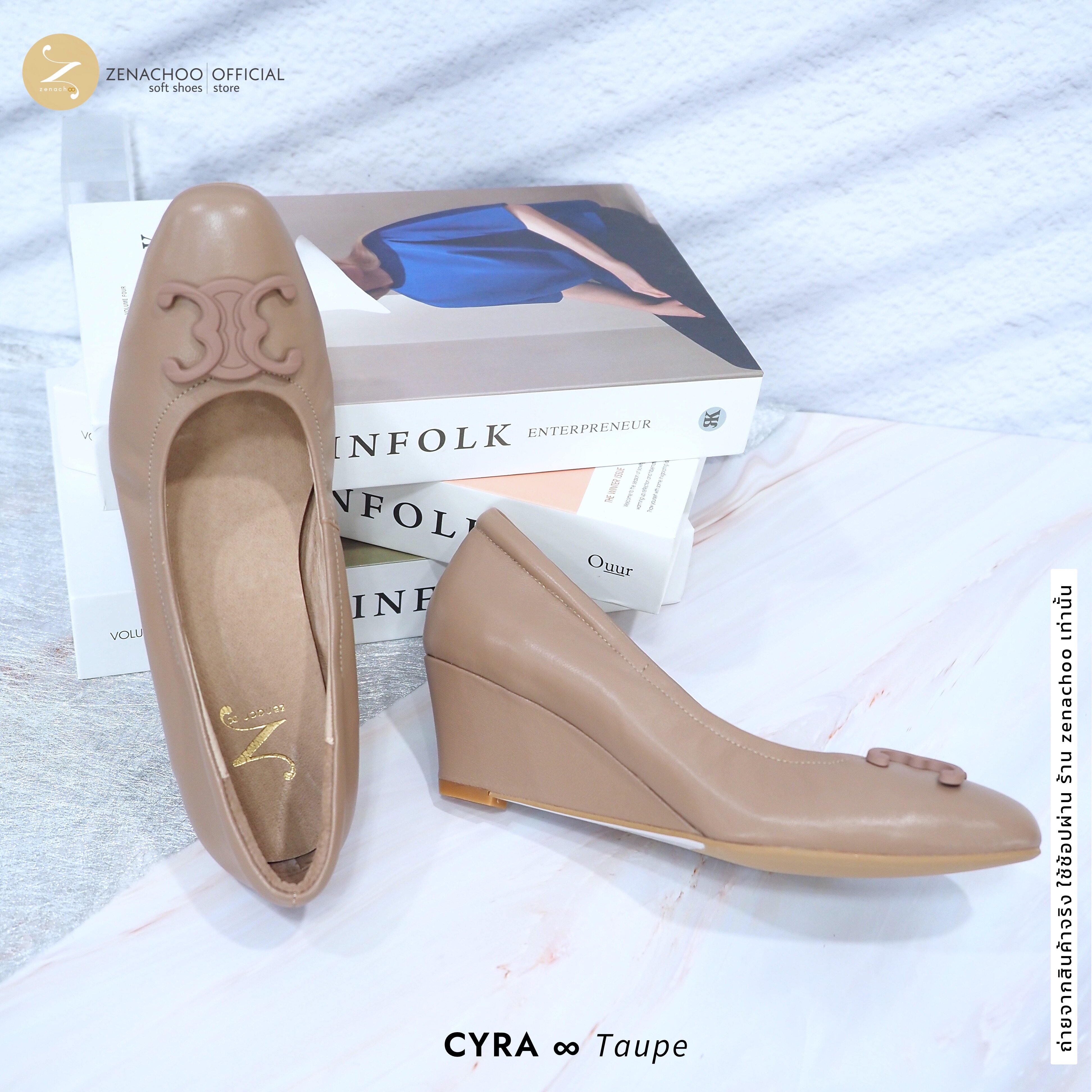 ทรงปกติ เปลี่ยนไซส์ได้-ไม่รับคืน Zenachoo รุ่นขายดี Cyra wedge ส้นเตารีดสูง 2นิ้ว รองเท้าหนังแกะแท้
