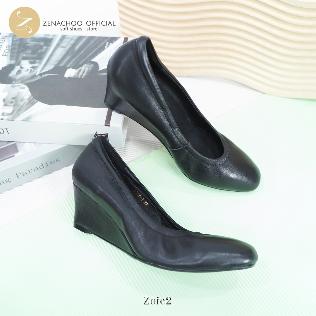 ทรงปกติ พร้อมส่ง ส้นเตารีดหน้ากว้าง Zenachoo รองเท้าส้นสูงหัวตัด ความสูง 2 นิ้ว หนังแกะแท้ รุ่น Zoie2