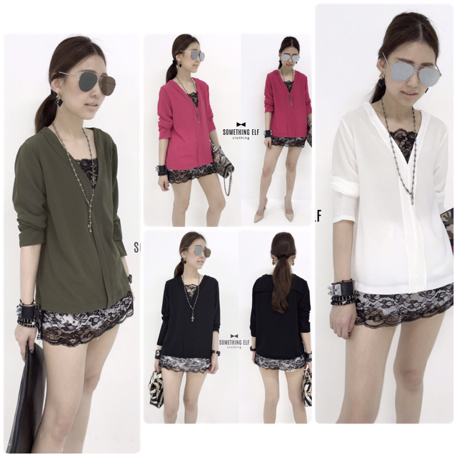 เสื้อแขนยาวคอวี ตัดต่อลูกไม้สีดำช่วงคอและรอบชายเสื้อ