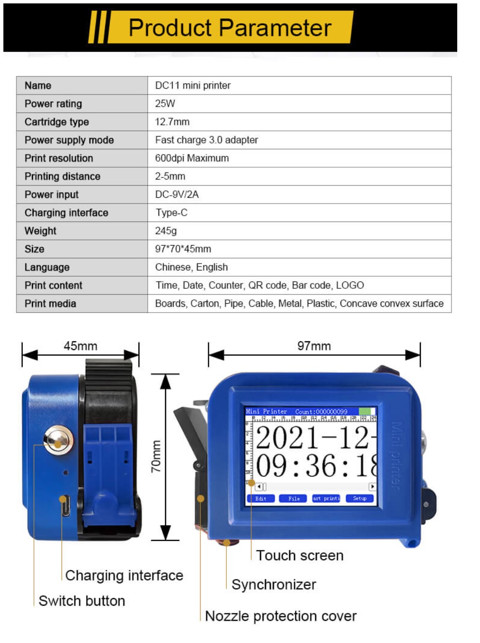 เครื่องพิมพ์วันที่ผลิต วันหมดอายุ แบบมือถือ(Mini Printer) ชนิดตลับหมึก ขนาดหัวพิมพ์ 12.7มม.