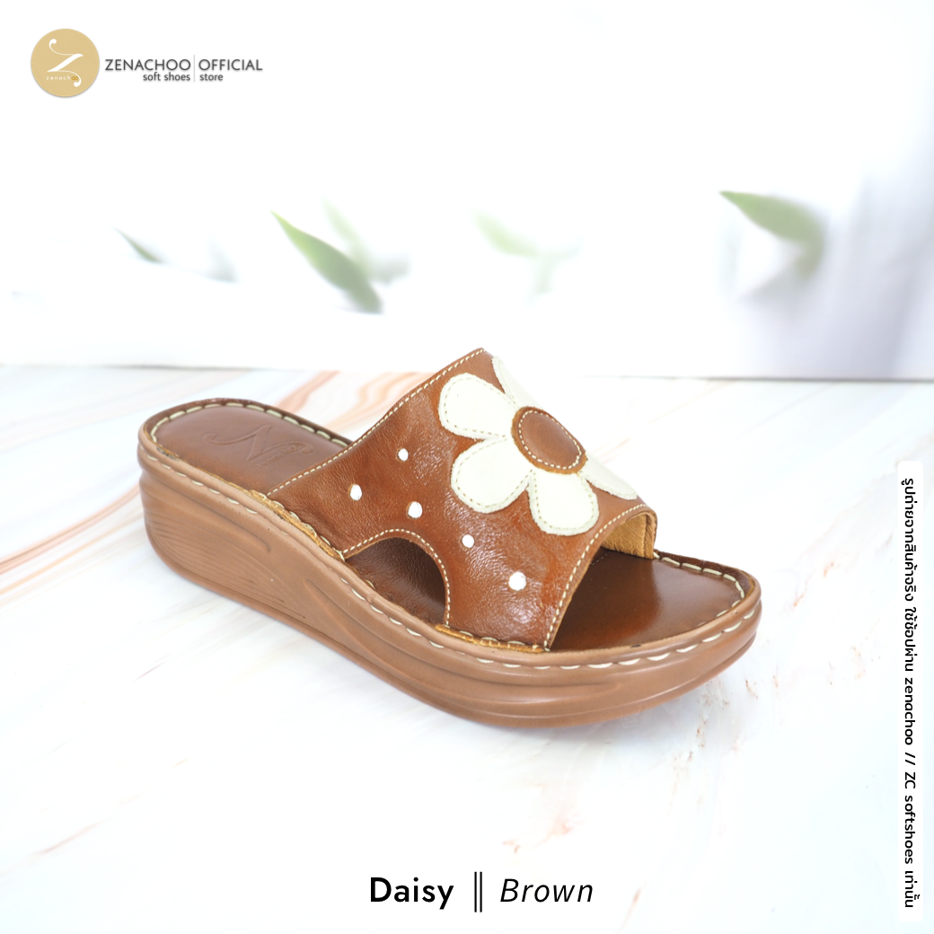 ทรงปกติ เปลี่ยนไซส์ได้-ไม่รับคืน Zenachoo รองเท้าสุขภาพ หนังแท้ทั้งคู่ รุ่น Daisy สูง 2 นิ้ว ปรับสายได้ รับประกันความนุ่มสบาย