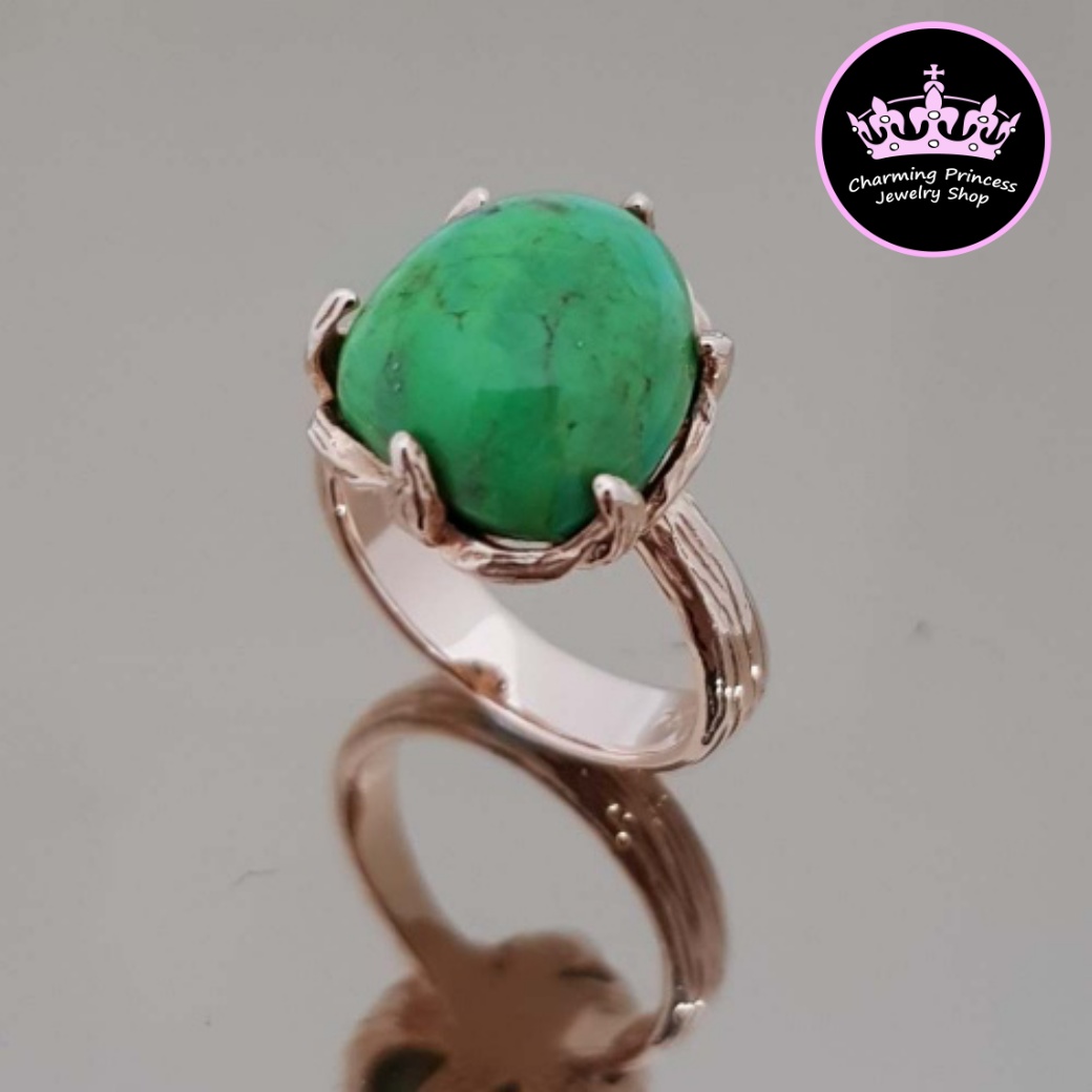 แหวนหินนําโชค เงินแท้ 925 เทอร์ควอยซ์ สีเขียว Turquoise เทอร์ควอยซ์ Turquoise เทอร์ควอยซ์ สีเขียว ทรงรี 13x11 มม Green Turquoise Oval Statement with Texture Design Prong Set 14k Rose Gold Plated 925 Sterling Silver Ring