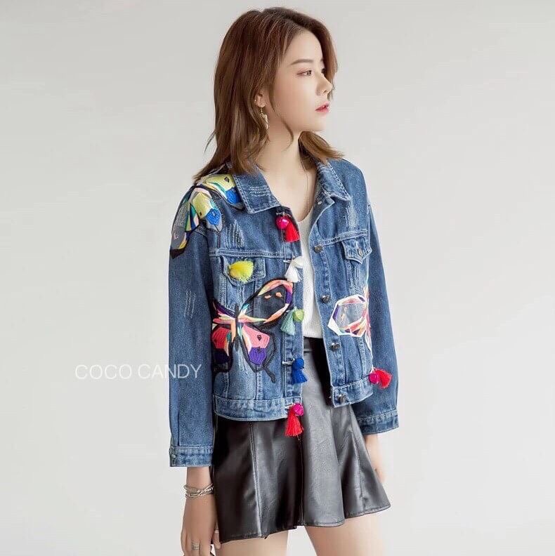 Butterfly Mosaic Embroidery Denim Jacket แจ็คเก็ตยีนส์ปักลายผีเสื้อลายปักใช้สีสลับสวยมากๆ