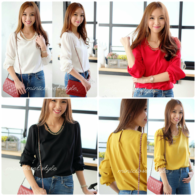 เสื้อคอคว้านยู ตกแต่งอะไหล่ทองเหมือนโซ่สร้อยทอง