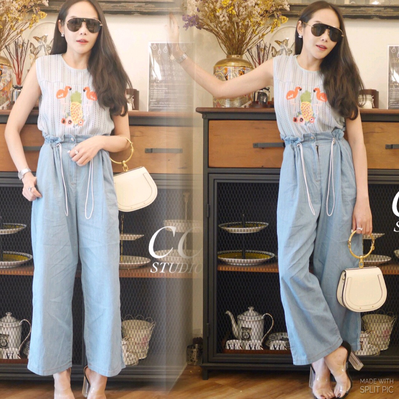 Set เสื้อลูกไม้แขนกุด ปักลายน่ารักค่ะ + มาพร้อมกางเกงยีนส์เอวสูง เนื้อยีนส์บาง เนื้อดีค่ะ ช่วงเอวรูดเก๋มากค่ะ Set นี้ น่ารักมากแยกแมทช์ได้นะค่ะ