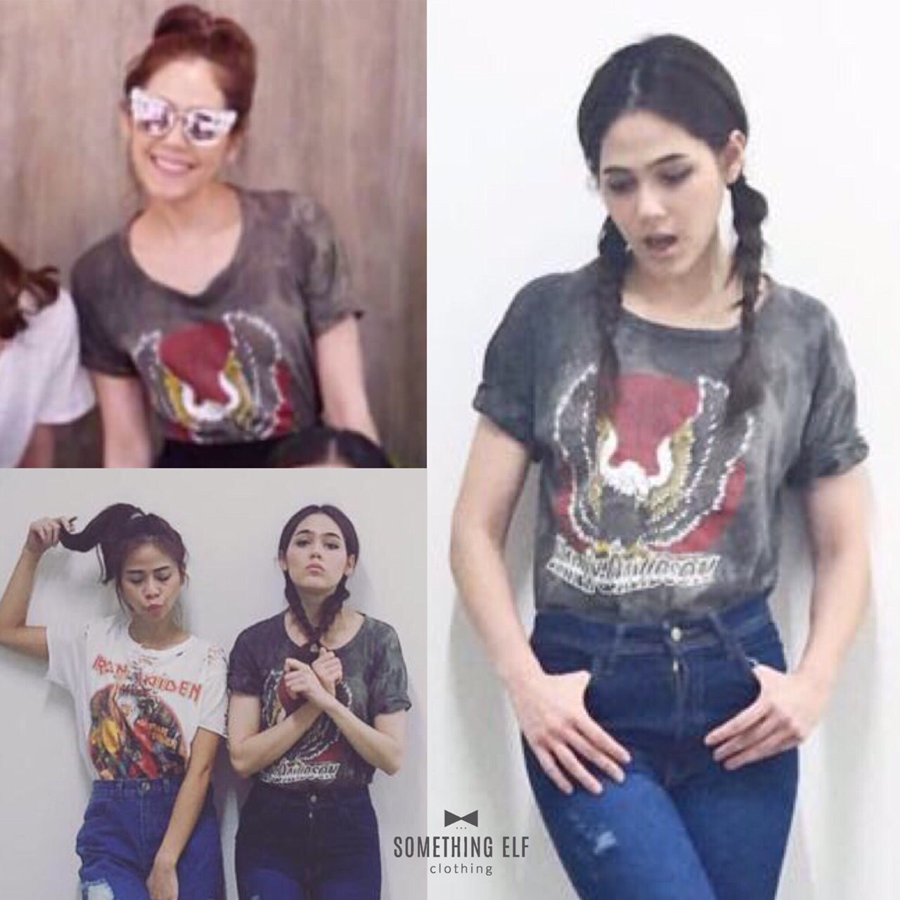 เสื้อยืดคอกลมแขนสั้น สีดำ สกรีนลายนกอินทรีย์ด้านหน้า แบบคุณชมพู่ใส่ ผ้ายืดบางเบา ใส่สบายค่ะ