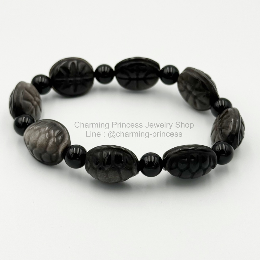 Turtle Silver Sheen Obsidian and Onyx Bracelet ซิลเวอร์ชีน ออบซิเดียน แกะรูปกระดองเต่า 18x12 มม และ โอนิกซ์ 8 มม