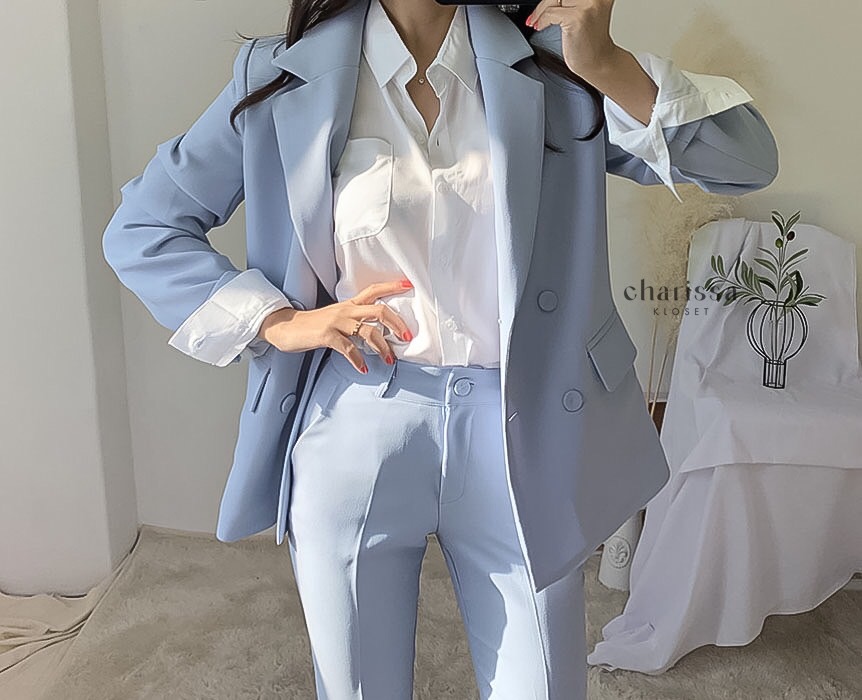 ชุดสูทผู้หญิง เซตสูทขายาวผู้หญิง ชุดสูทสีฟ้า
