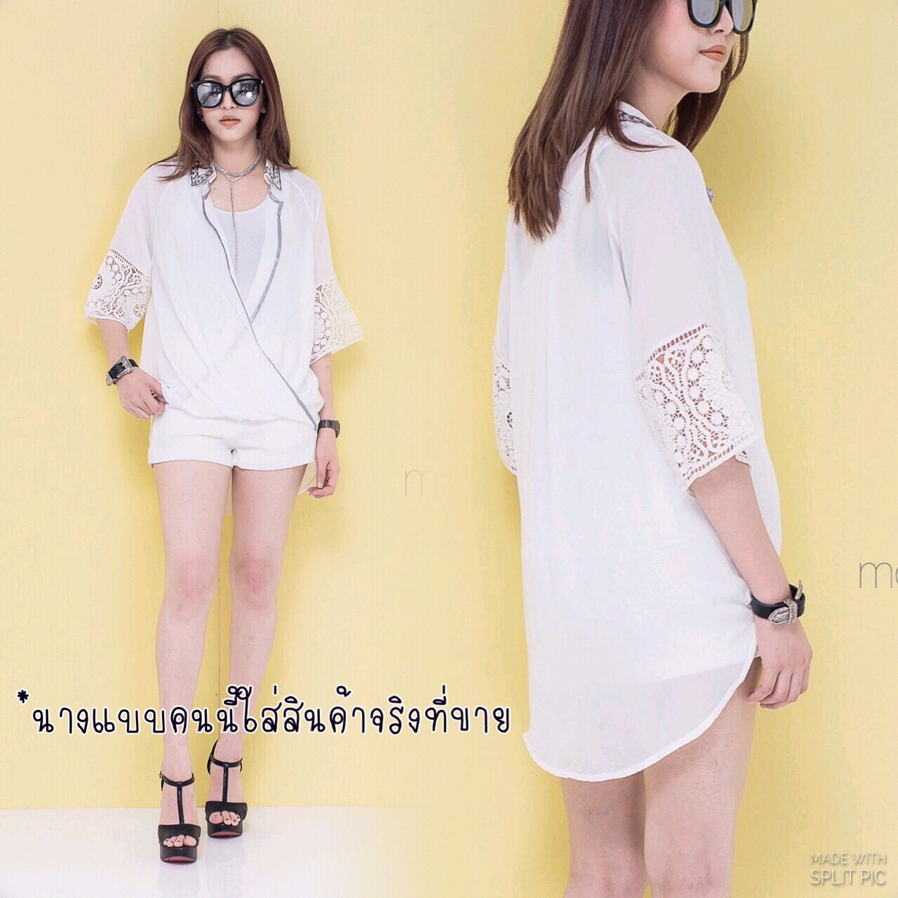 งานเกาหลี เสื้อคอปกกึ่งมินิเดรส แขนสั้นดีไซน์แต่งปกเพชรช่วงคอสวยมากๆ แต่งลูกไม้ถักช่วงปลายแขน ชายด้านหน้าทำไขว้ไฮโซมากๆค่ะ ด้านหลังปล่อยชายยาว แอบเก๋ งานดี งานสวย ดูแพง