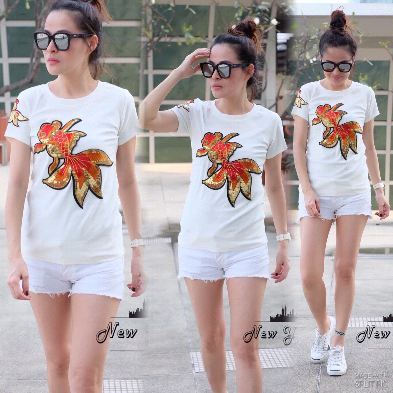 เสื้อยืดแขนสั้น งานปักปลาทอง ผ้ายืดเนื้อดีมากๆ