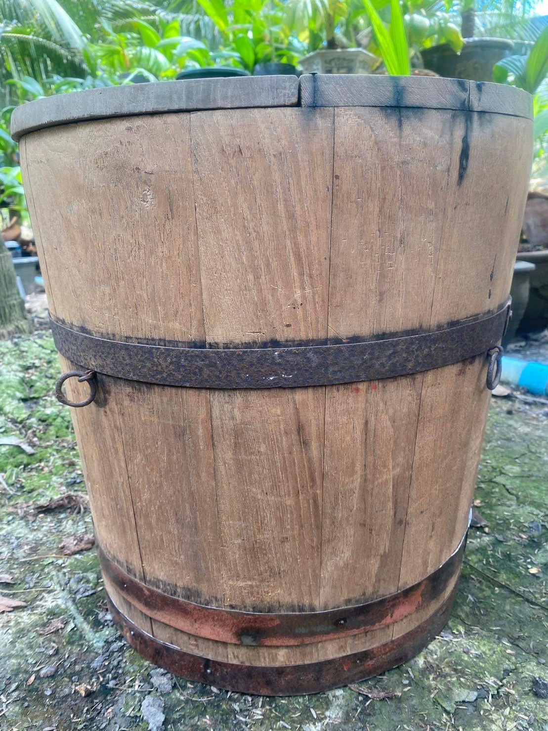 ถังข้าวไม้สักมีฝาปิด ถังไม้สักพร้อมฝาปิดมือสอง สภาพเก่าแท้ ถังหมักถั่วเขียวแบบโบราณ