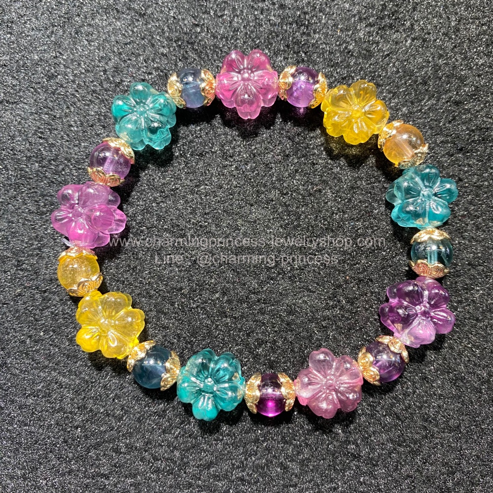 หินฟลูออไรด์ Fluorite สีพลาสเทล Pastel แกะรูปดอกซากุระ ความสำเร็จ การประสบผลสำเร็จ และหัวใจที่เข้มแข็ง 11 มม