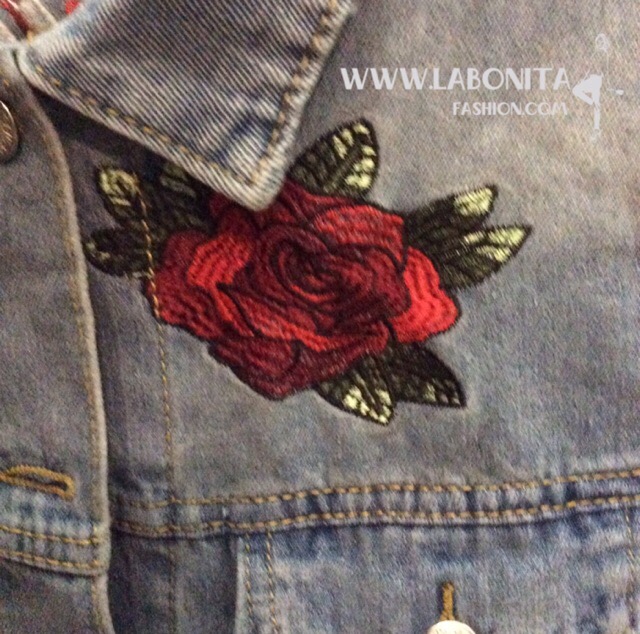 เสื้อยีนส์ แจ็คเก็ตยีนส์ ปักลายนกกระเรียนและดอกไม้