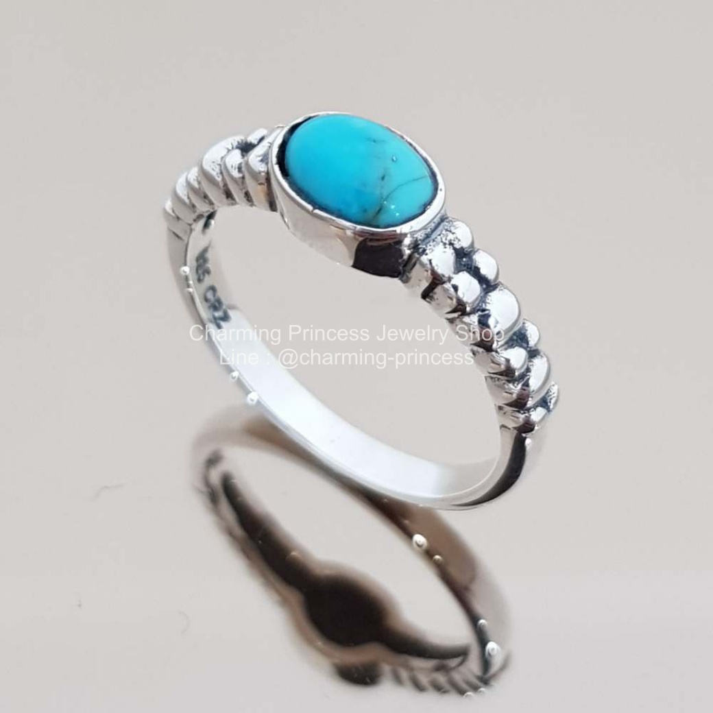 แหวนหินนําโชค เงินแท้ 925 เทอร์ควอยซ์ สีฟ้าจาก อเมริกา Turquoise เทอร์ควอยซ์ สีฟ้า วงรี รูปไข่ 6x4 มม Flora Shrank ก้านดอกไม้ ใส่แล้วนิ้วเรียว สวย Turquoise Oval Shape Flora Design Ring 925 Sterling Silver