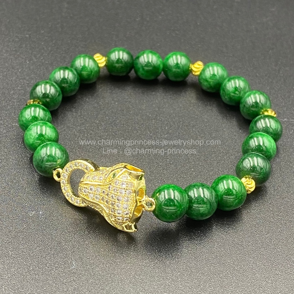 หินนําโชคประจําวันเกิดวันพุธ Wednesday Birthstone หยกจักรพรรดิ 8 มม ประดับเสือฝัง CZ หรูหรา