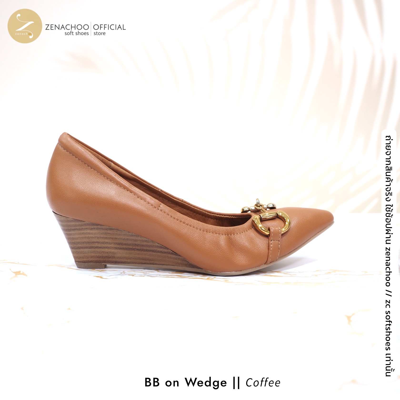 ทรงปกติ เปลี่ยนไซส์ได้-ไม่รับคืน Zenachoo รุ่น BB on Wedge สูง 2 นิ้ว รองเท้าส้นเตารีด หัวแหลม หนังแกะแท้