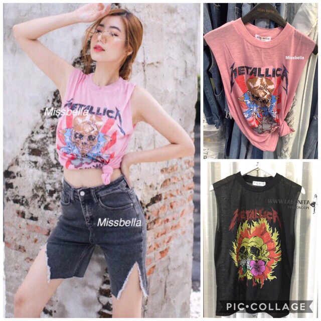 METALLICA เสื้อหัวกระโหลกผู้หญิง เสื้อแขนกุดผ้าบางเฉียบ