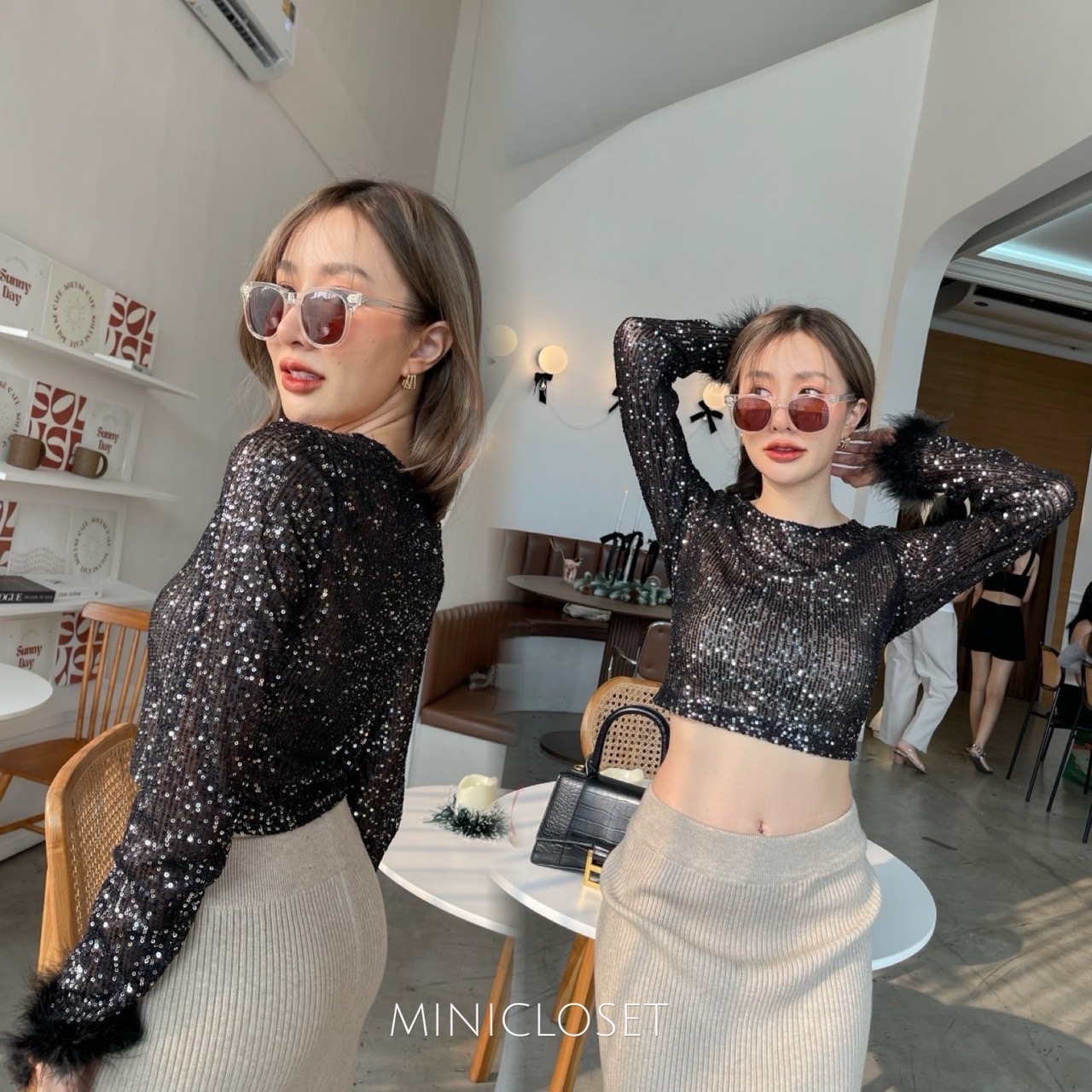 เสื้อปักเลื่อมวิ้งๆ แขนยาวปลายแขนแต่งขนนกน่ารัก ใส่เที่ยว ใส่ออกงานสวย