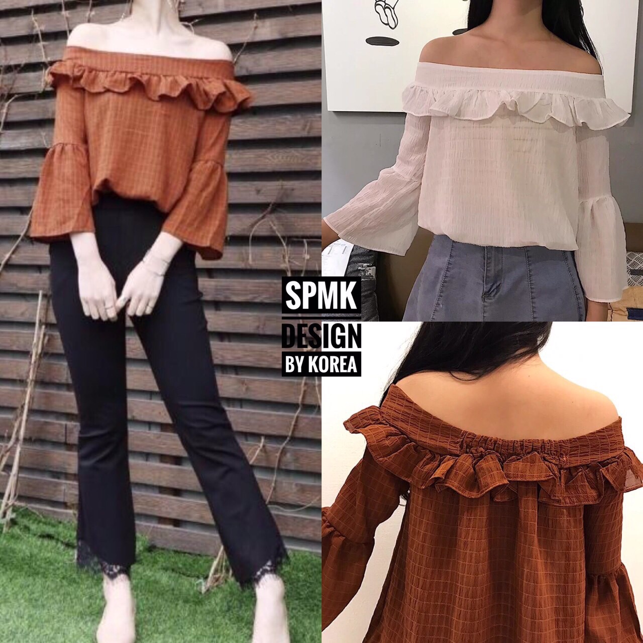 BRAND: SPMK เสื้อเกาหลีทรงน่ารัก เปิดไหล่คอระบาย เนื้อผ้าพริ้วใส่สบายไม่อึดอัด มีลายในตัว ช่วงไหล่ขยายได้ด้านหลังจับสม๊อก ผ้าดี เนื้อนุ่ม