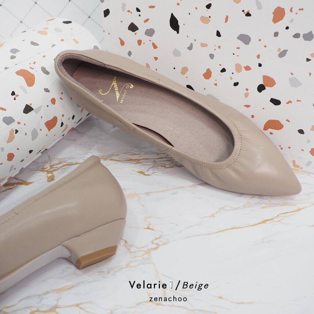 ทรงปกติ เปลี่ยนไซส์ได้-ไม่รับคืน Zenachoo รุ่นขายดี Velarie1 สูง 1นิ้ว สี Beige รองเท้าหัวแหลมหนังแกะแท้