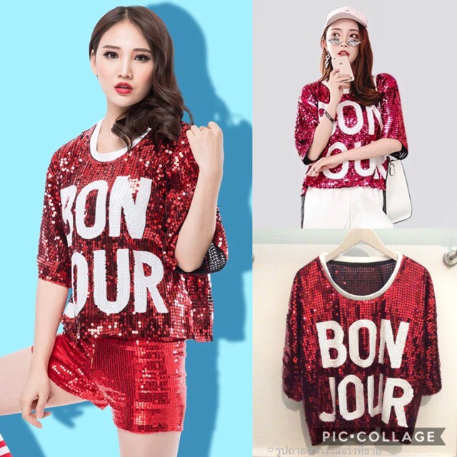 เสื้อปักเลื่อมวิ้งๆสีแดง BON JOUR