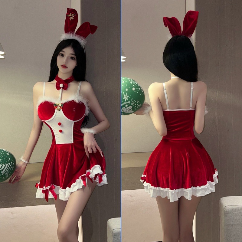 BUNNY08 ชุดบันนี่แบบเดรสผ้ากำมะหยี่สีแดงงานสวยพรีเมี่ยม