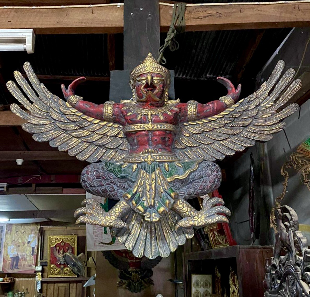 พญาครุฑไม้สัก ขนาด110ซม ครุฑไม้แกะสลัก