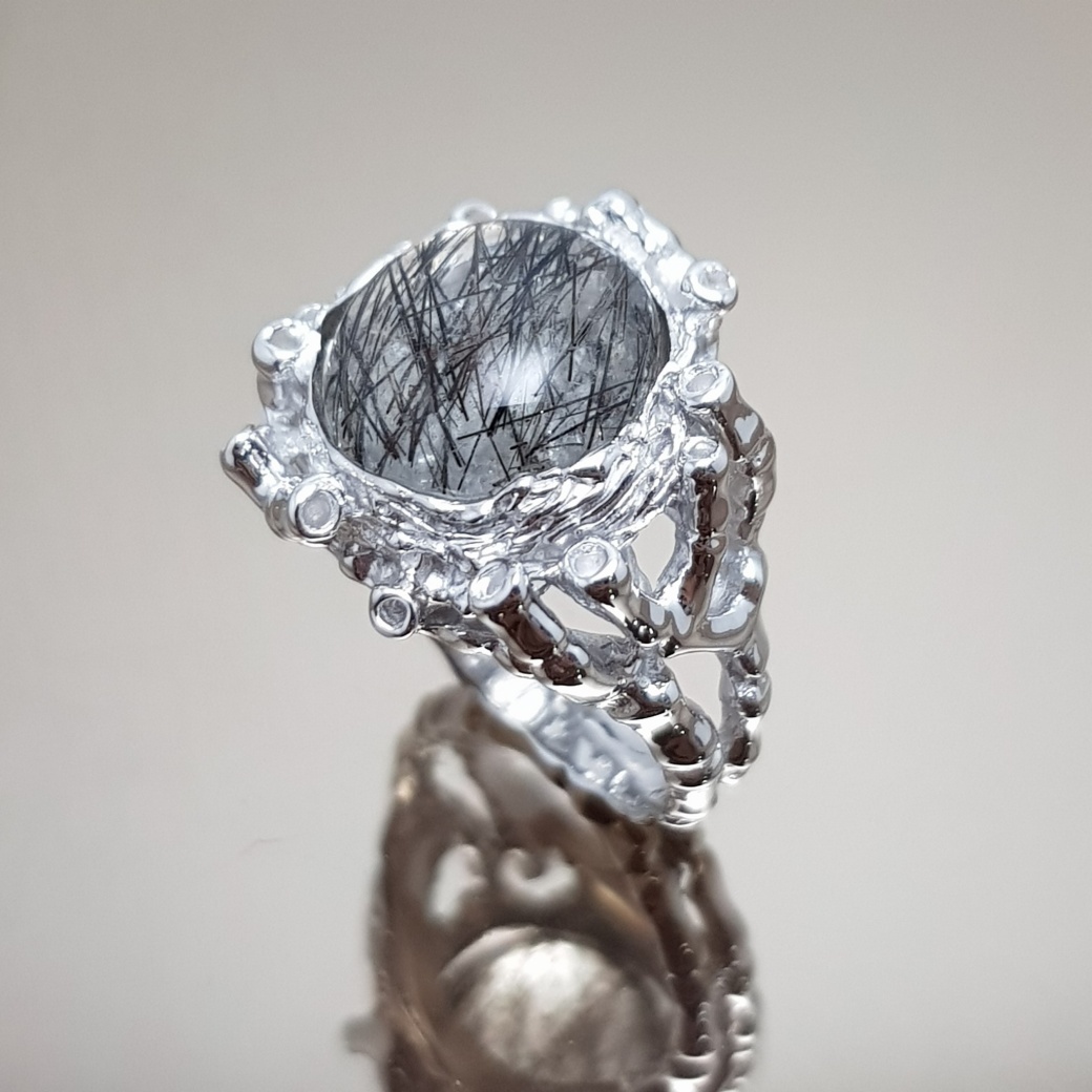 แหวนไหมดํา แหวนแก้วขนเหล็ก 925 Black Rutilated Quartz Natural Inspired Design Ring