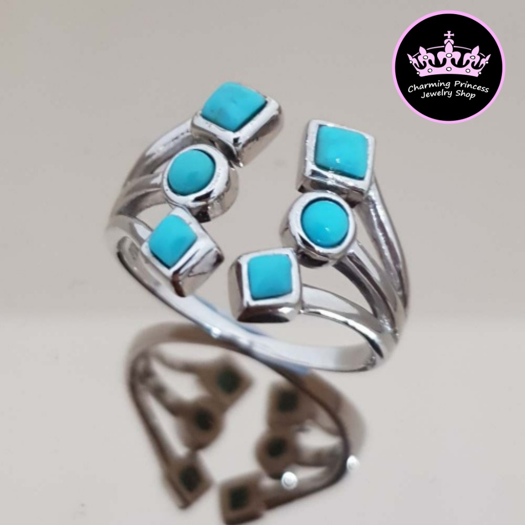 แหวนหินนําโชค เงินแท้ แบบเท่ห์ๆ นิ้วเรียวสวย 925 เทอร์ควอยซ์ สีฟ้าจาก อเมริกา Turquoise เทอร์ควอยซ์ สีฟ้า กลม สี่เหลี่ยม 3 มม 6 เม็ด Turquoise Geomatric Open Top Design Ring 925 Sterling Silver