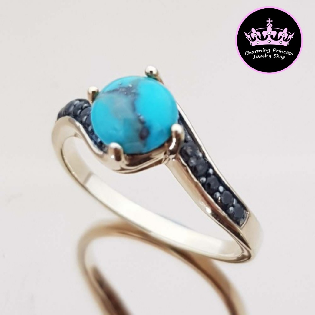 แหวนหินนําโชค เงินแท้ 925 เทอร์ควอยซ์ สีฟ้าจาก อเมริกา Turquoise ทรงรูปกลม 6.5 มม / 1 เม็ด Smoky Quartz สโมกกี้ควอตซ์ กลม 1.5 มม / 10 เม็ด สำเนา