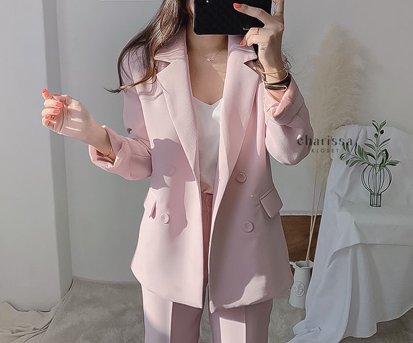 ชุดสูทผู้หญิง เซตสูทขายาวผู้หญิง ชุดสูทสีชมพูพาสเทล
