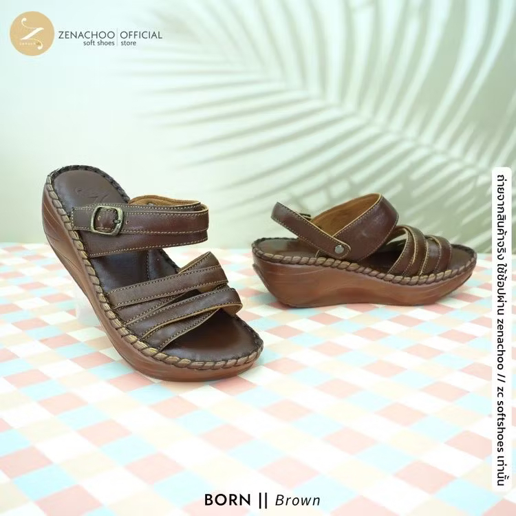 ทรงปกติ เปลี่ยนไซส์ได้ ไม่รับคืน Zenachoo รองเท้าสุขภาพ หนังแท้ทั้งคู่ รุ่น Born สูง 2 นิ้ว ปรับสายได้ รับประกันความนุ่มสบาย