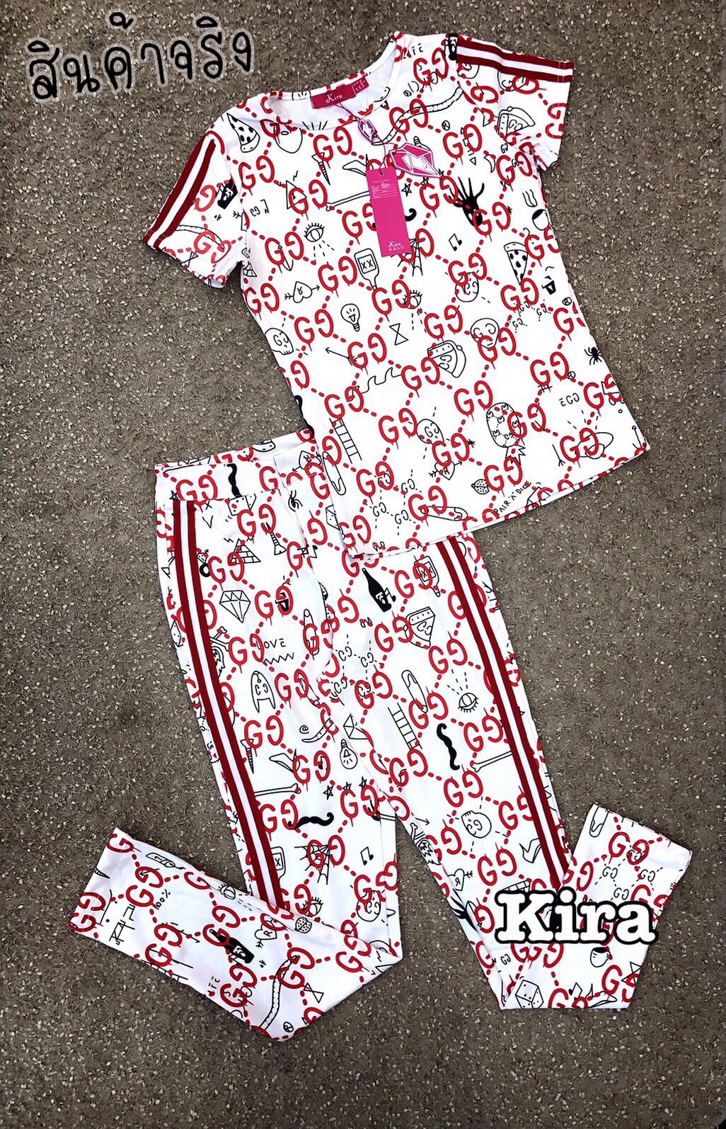 ชุดSet เสื้อ +กางเกงขายาวติดแถบ สกรีนลายกุชจี่ ผ้าดี งานสวยค่ะ