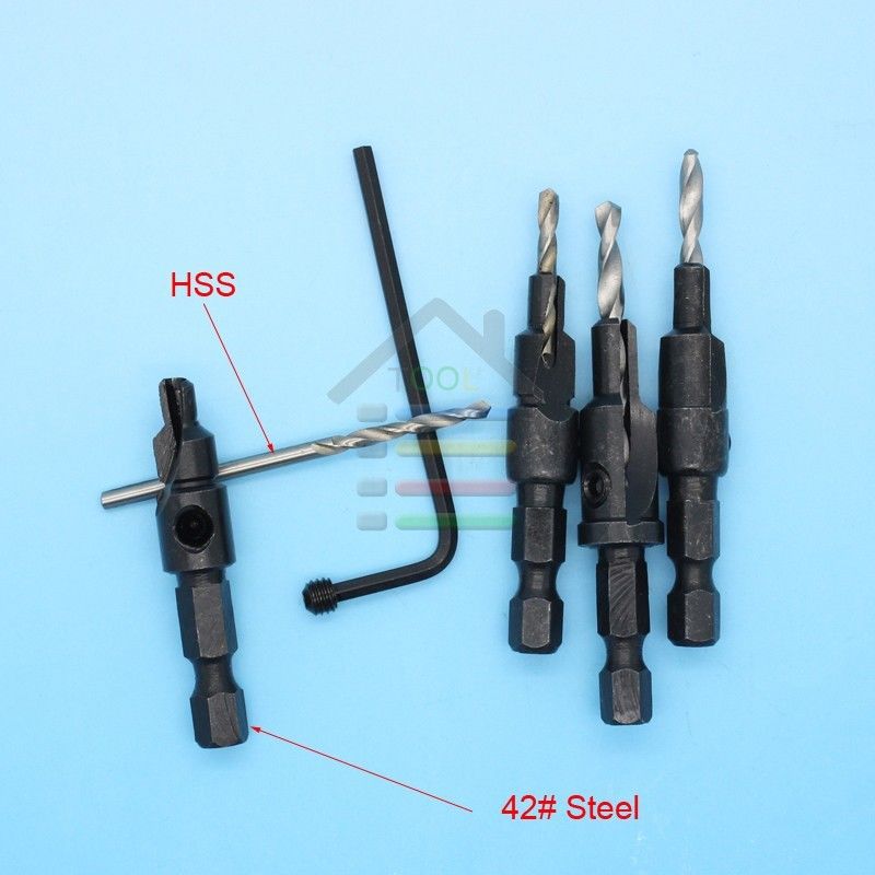 DT01 ดอกเจาะไม้ คว้านรูแบบมี Taper สำหรับให้สกรูที่เราเจาะ หลบในเนื้อไม้ ชุดเหล็ก 4 เบอร์ ยกชุด 4 ดอก พร้อมอลันคี ไว้ไขเปลี่ยนดอกสว่านได้