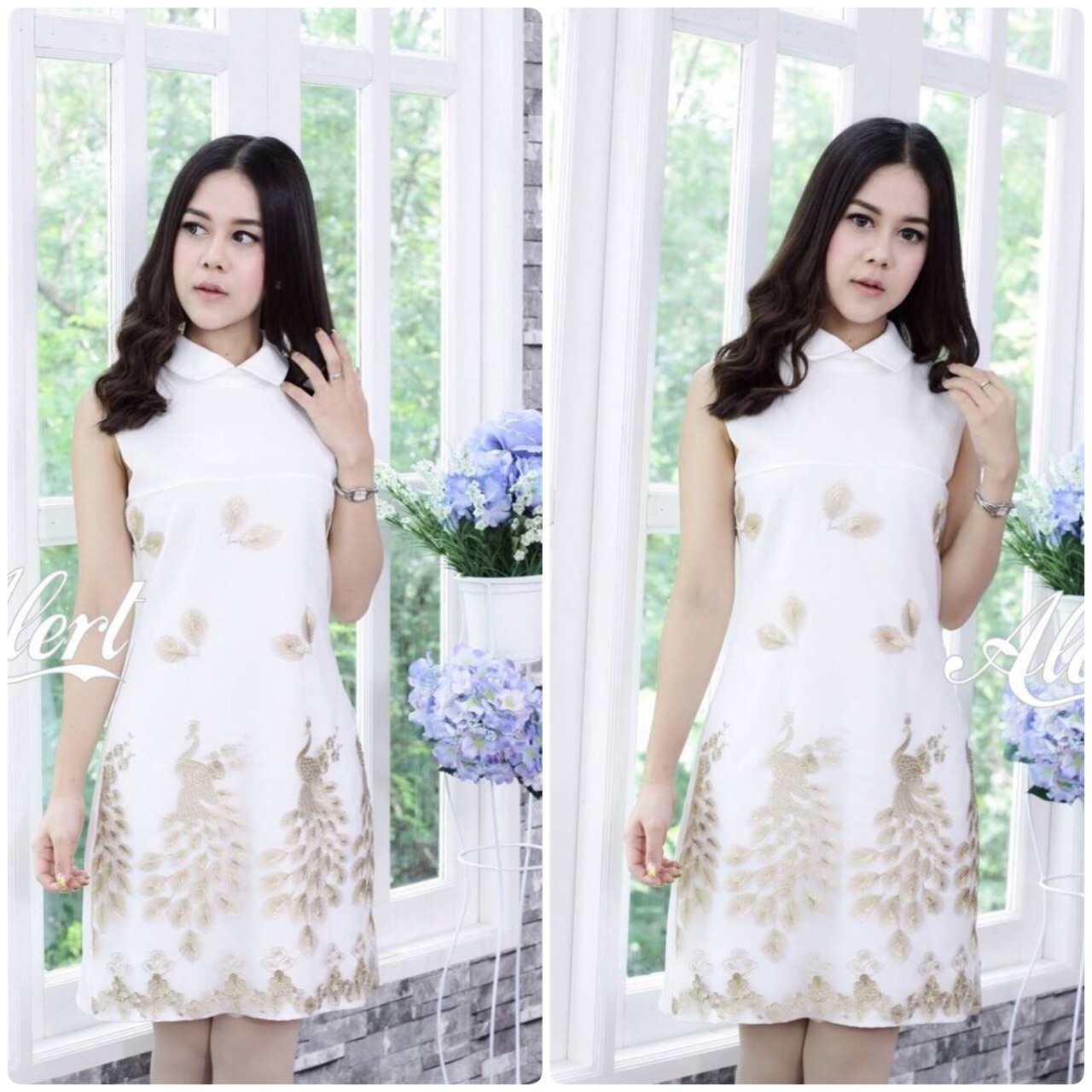 เดรสแขนกุด ทรงสวย ดูหรูหราโฮโซมากๆค่ะ ห้ามพลาดเลยนะคะ เดรสทรงสวยเรียบๆเพิ่มความหรูด้วยผ้าปักดิ้นทองลายนกยูงปักสวยแน่นๆ