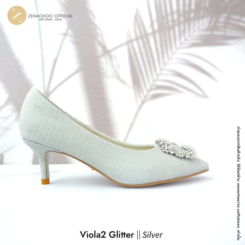 ทรงปกติ เปลี่ยนไซส์ได้-ไม่รับคืน ทรงขายดี Zenachoo Viola2 Glitter สูง 2 นิ้ว ผ้า Glitter ซับหนังแกะแท้ ทรงสวยไม่บีบเท้า