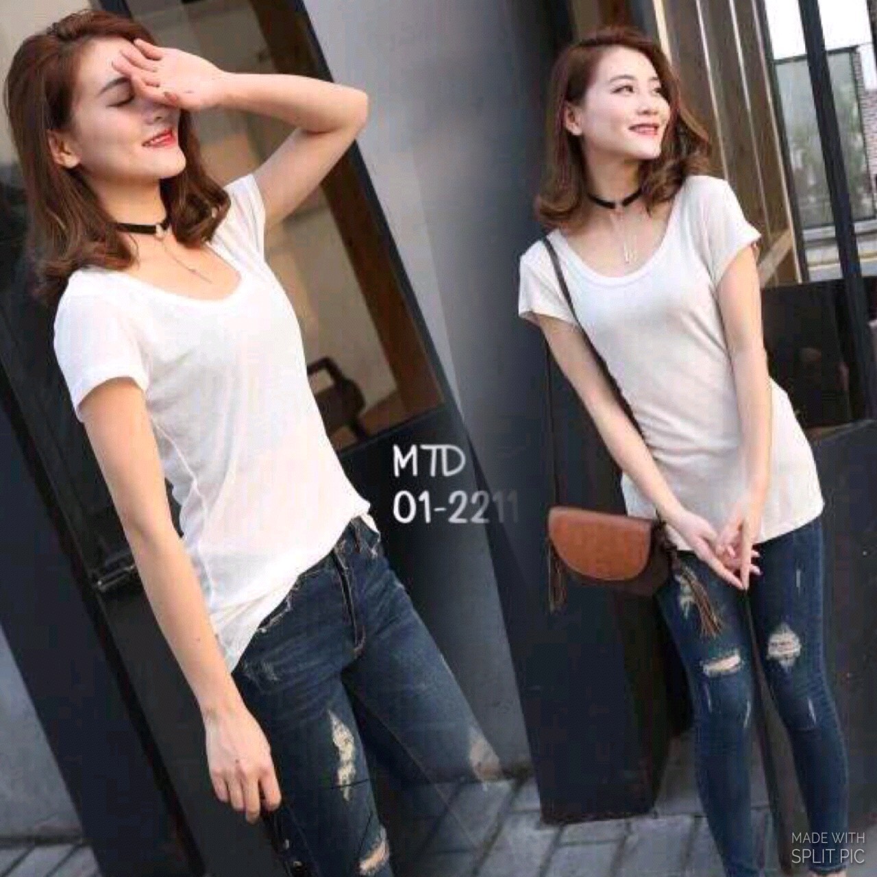 เสื้อยืดแต่งคอกลมปาด เนื้อผ้ายืดอย่างดี มีลาย texture ในตัว