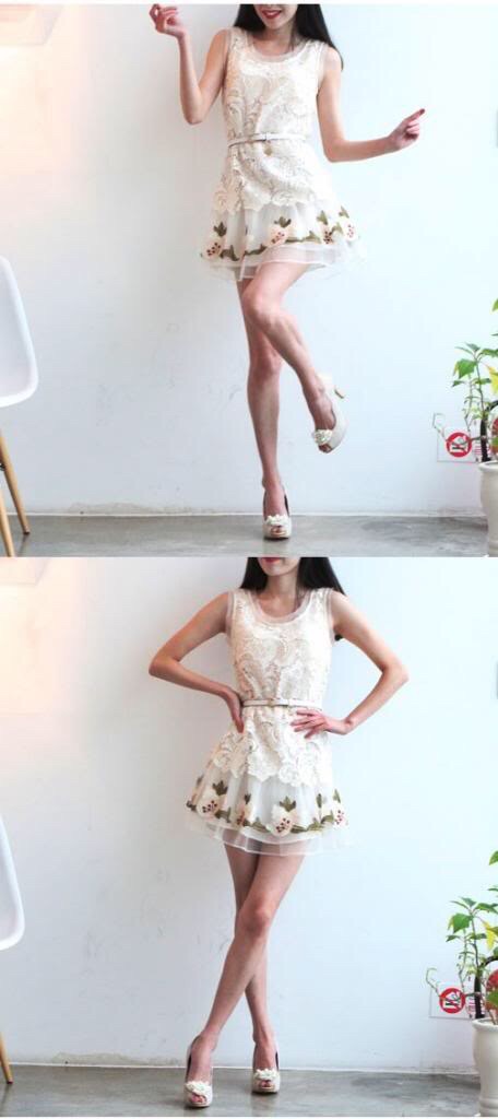 เดรสลูกไม้ แขนกุด ตัดต่อชายระบายผ้าแก้ว ปักเย็บดอกไม้รอบชายกระโปรง