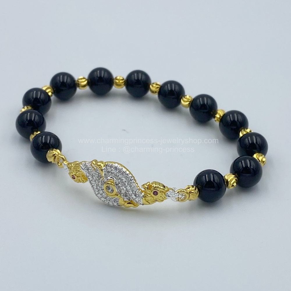 หินนําโชคประจําวันเกิดวันเสาร์ Saturday Birthstone หินโอนิกซ์ 8 มม เสริม พญานาค ฝัง CZ หรูหรา